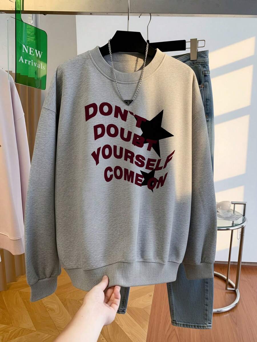 Minimalist High Street Style Curved English Slogan Star Pattern Crew Neck Sweatshirt Solid Ash Grey Basic Unisex Casual Autumn Sweatshirt - Light Grey - View 1