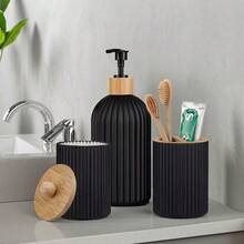 1pc Black Matte Refillable Bathroom Set, Manual Pump Lotion Soap Dispenser, Toothbrush Cup, Toothbrush & Toothpaste Holder - Black - View 2