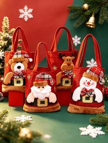 1pc Christmas Gift Tote Bag, Linen Blend Fabric Gift Bag, Christmas Cartoon Applique Embroidered Handbag, Holiday Gift Storage Bag, Christmas Party Favor Packaging Accessory, Santa Claus Snowman Reindeer Bear Pattern - 002-christmas Tote Bag - View 1