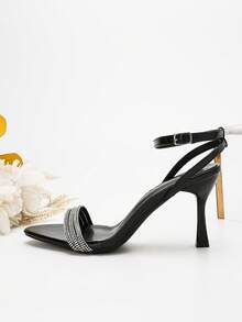 Black Pointed Toe Single Strap Party Sexy Buckle Rhinestone High Heel Sandals - Black - View 4