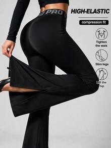 Women's Seamless Letter Split Hem Side Split Hem Workout Yoga Gymnastics Outdoor Leggings Flared Pants - Black - View 6