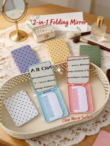 Macaron Color Portable Black Polka Dot Pattern Makeup Mirror, Foldable Mini Mirror, Women's Handheld Outdoor Touch-Up Mirror Set - Multicolor - View 2