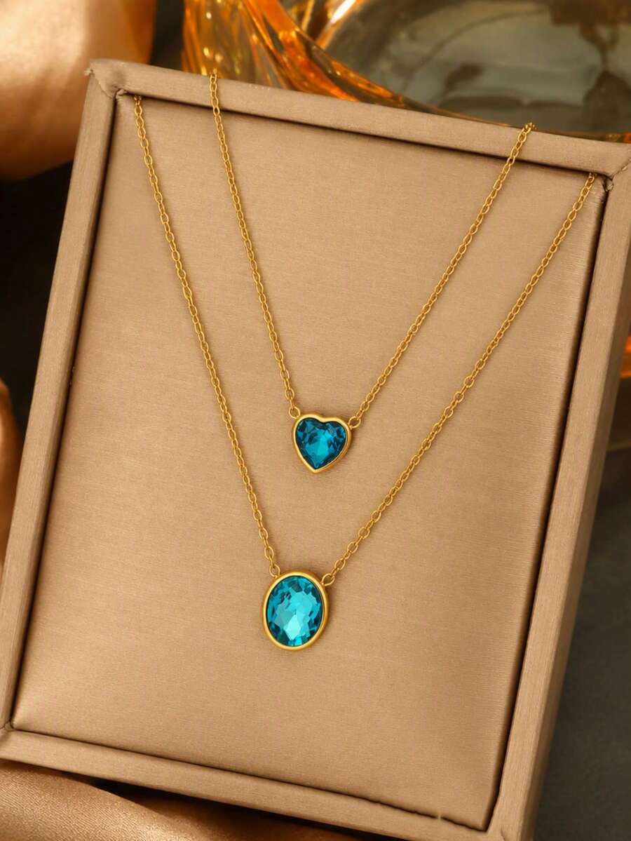 VceTd 1/2PCS Romantic Elegant Blue Glass Inlaid Heart/Oval Pendant Design Stainless Steel Women's Necklace Set Suitable For Daily Wear, Party Or Gift - Yellow Gold - View 1