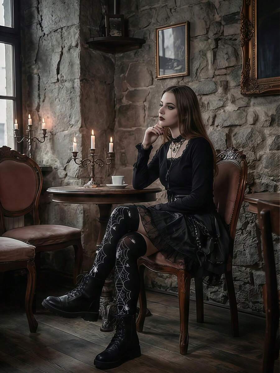 1pc Halloween Gothic Style Thigh High Socks, Spider Web Over Knee Stockings, Suitable For Cosplay Party - Multicolor - View 1