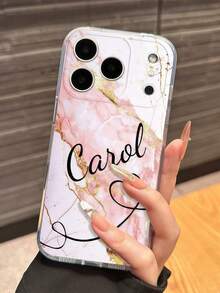 Light Pink Glitter Matte White Glossy Flower & Small Butterfly Black Border Customized Personalized Cursive Name Phone Case, Unique Pink Handwritten Soft Fairy Aesthetic Shockproof Protective Shell, Suitable For All Phone Models - Clear - View 4