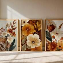 3 Piecesautumn Floral Wall Decor Set,Canvas Prints With Autumn Floral Patterns, In Bohemian, Botanical, Neutral, And Pastoral Styles, Suitable For Rustic Home Decor. - 3pcs/Set - View 2