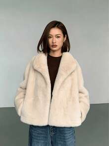女款奢華黑色人造毛皮大衣標準版型長袖立領夾克 - 淺卡其色 - 查看 9