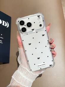 1pc Black Small Polka Dot Bow Bonne Chance French Good Luck Print Transparent Anti-Fall Phone Case, Transparent TPU Soft Shell Full Coverage Anti-Fall, Compatible With IPhone Case & Galaxy Case, Compatible With IPhone 17 17 ProMax 16 15 14 Pro Max, S24 S25 S26 Ultra - Clear - View 3