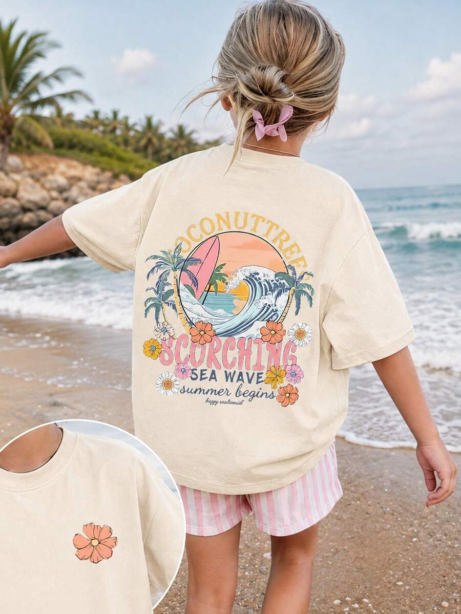 1 pieza Camiseta con manga corta y estampado tropical para niñas preadolescentes, cómoda y de moda, Top de verano para estudiantes jóvenes - Albaricoque - Ver 1
