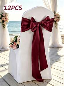 6/12/24/48pcs Burgundy Satin Chair Sashes Bow Ribbon For Chair Cover Decoration, Silky Sash Bands For Wedding Banquet Birthday Party Outdoor Reception Decor - Burgundy - View 13