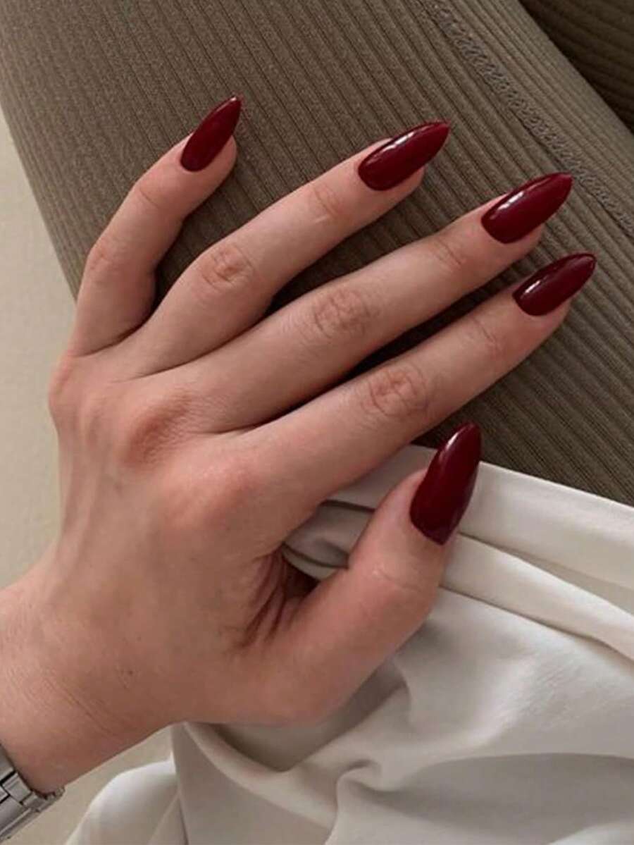 24片酒紅色壓克力假指甲,短杏仁形 - 酒紅色 - 查看 1