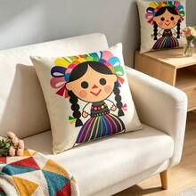 1pc Mexican Girl Character Pillow Case, Vibrant Striped Cartoon Design, Fun Style Home Decor, Double-Sided Print, Perfect For Decorating Your Home, Suitable For Bedroom, Living Room, Sofa, Bed, Car, Party And Various Scenes (Pillow Insert Not Included) - Multicolor - View 6