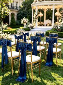 20pcs Wedding Satin Chair Sashes Navy Blue Bows 6x 102 Inches (Approx. 15x260 Cm) Ribbon Fabric Bands Suitable For Banquet, Party, And Other Chair Decorations - Navy Blue - View 1