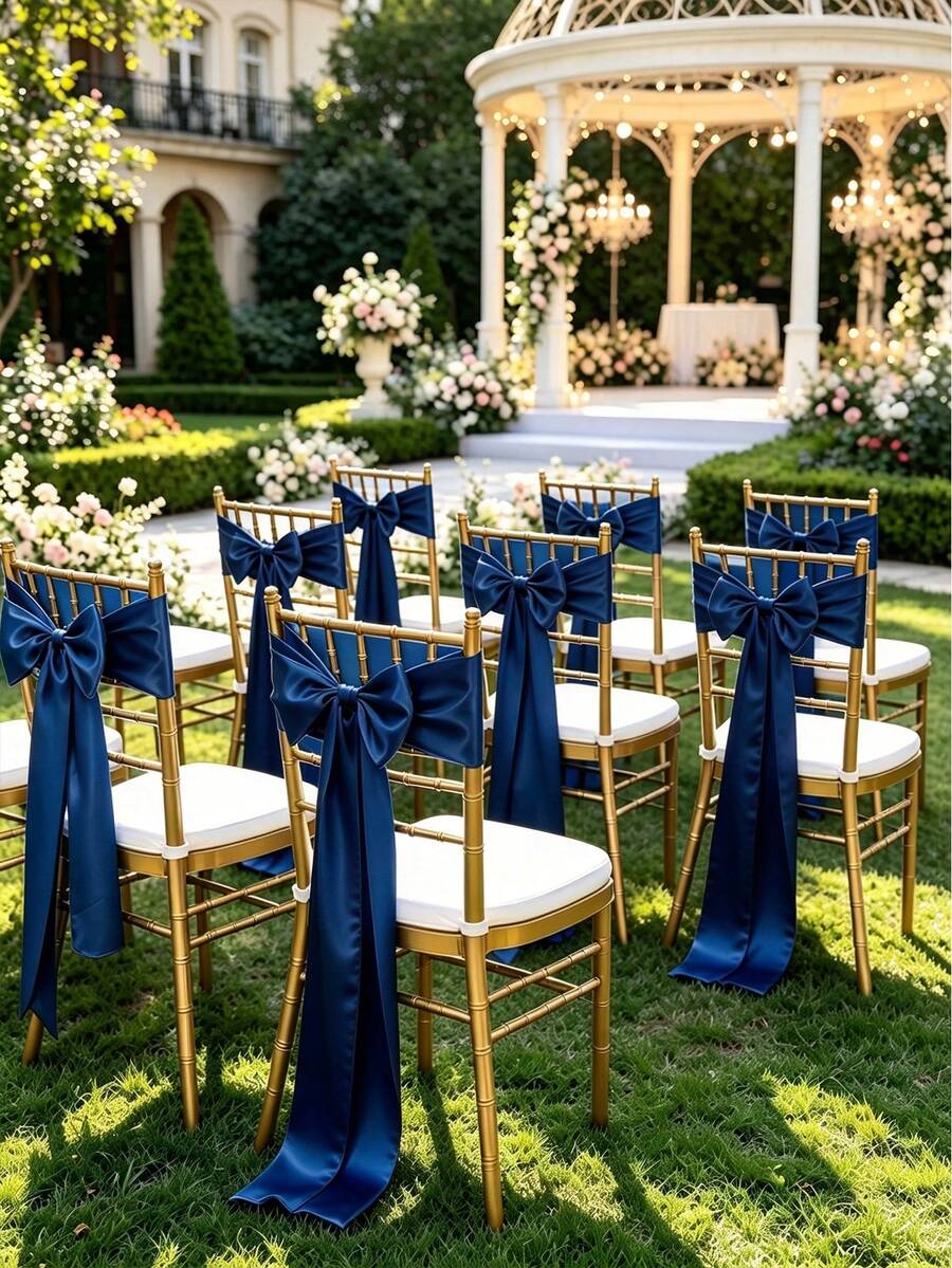20pcs Wedding Satin Chair Sashes Navy Blue Bows 6x 102 Inches (Approx. 15x260 Cm) Ribbon Fabric Bands Suitable For Banquet, Party, And Other Chair Decorations - Navy Blue - View 1