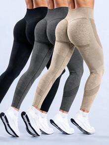 3pcs/Set Women Seamless Outdoor Sports Yoga Pants, High Waist, High Elastic, Breathable, Sweat-Wicking, Peach Hip, Versatile Sports Leggings, Spring/Summer - Multicolor - View 2