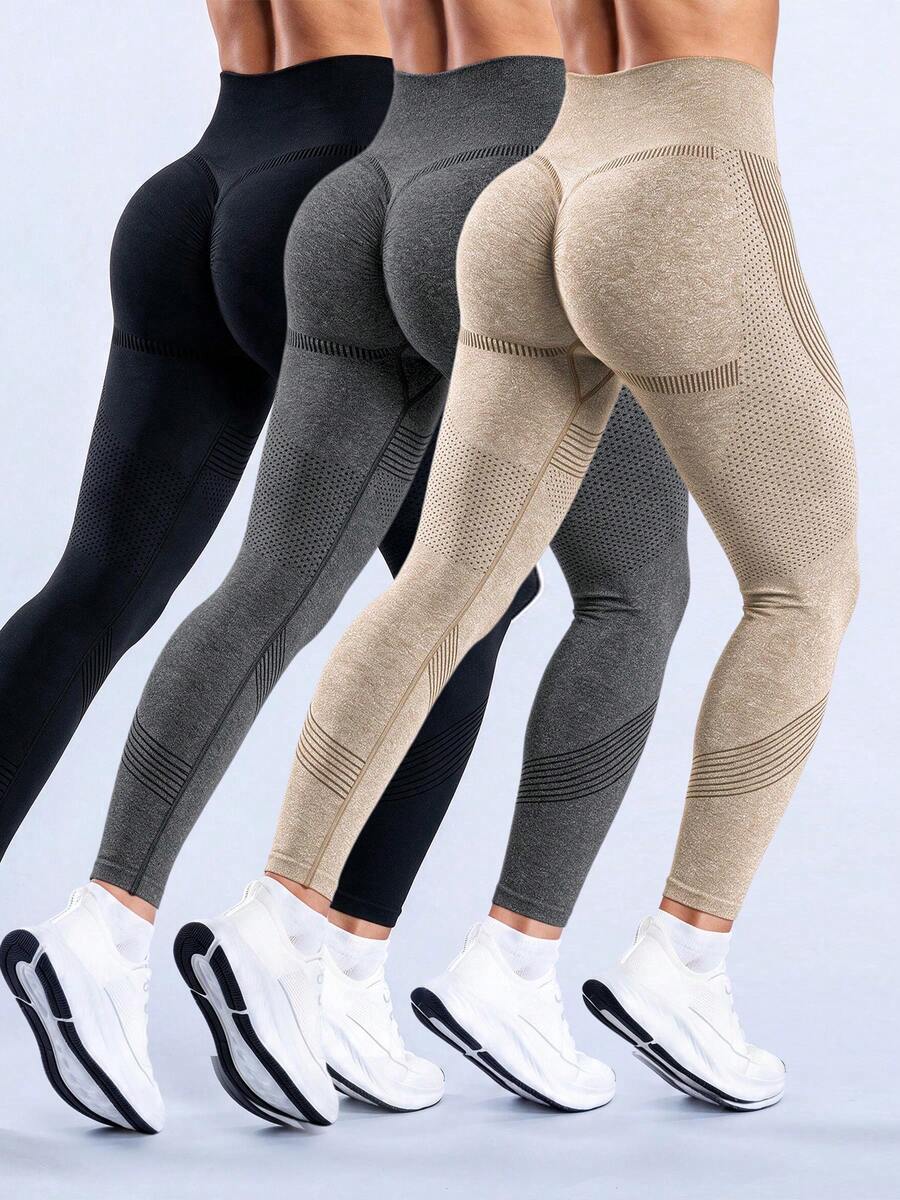 3pcs/Set Women Seamless Outdoor Sports Yoga Pants, High Waist, High Elastic, Breathable, Sweat-Wicking, Peach Hip, Versatile Sports Leggings, Spring/Summer