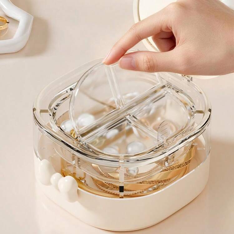 1pc Portable Double Layer Jewelry Box With Mirror, Elegant Earring, Necklace, Bracelet, Ring Storage Box, Suitable For Home, Travel, And Holiday Gift - Cream - View 6
