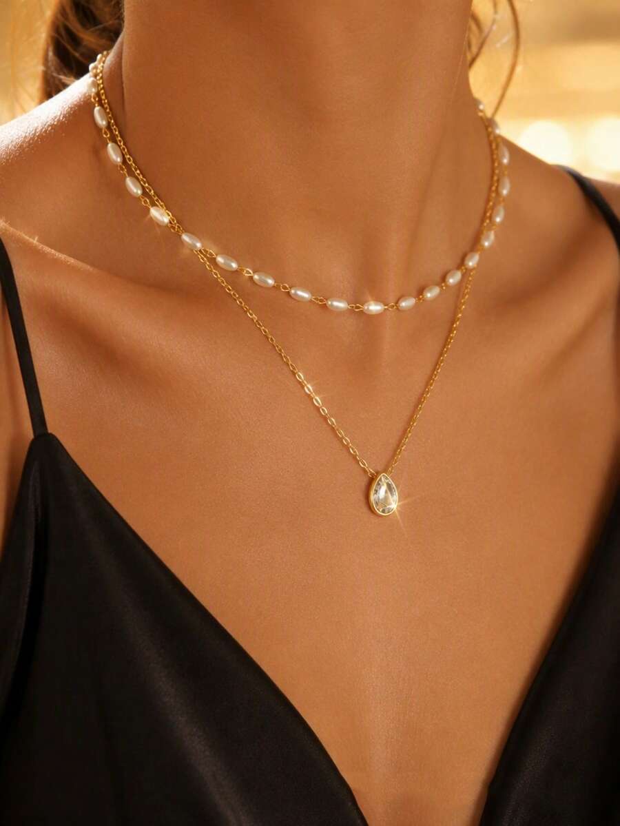 VceTd 1/2PCS Romantic Elegant Stainless Steel Women's Necklace Set With White Rice Bead Chain And Transparent Water Drop Pendant, Suitable For Daily Wear, Date, Or Holiday Gift - Yellow Gold - View 1