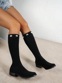 SHIHUA Women's Mid-Calf Elastic Knit Flat Round Toe Slimming Tall Boots With Pearl Decor, Versatile For Skirts, Preppy Style - Black - View 2