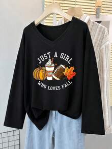 Plus Size V‑Neck Long Sleeve Tee, Fall Pumpkin Football Letter Print Loose Casual Top For Curvy Women - Black - View 7