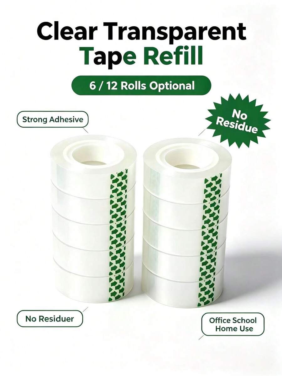 6/12 Rolls Clear Tape Refill, 0.7 Inch X 1102 Inch Transparent Packaging Tape, Suitable For Home, Office, School, Store Gift Wrapping And Back To School Season - Transparent - View 1