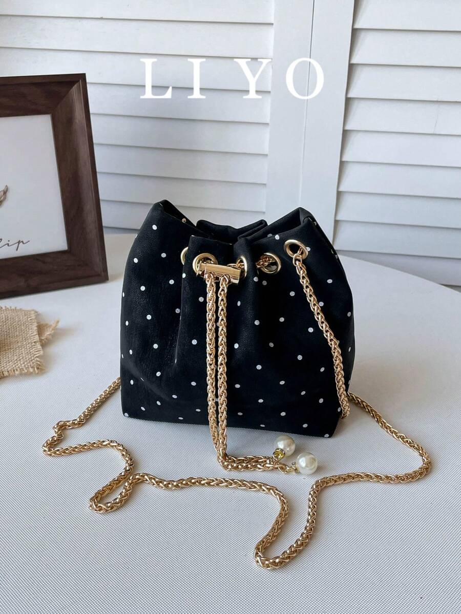 Fashionable Women's Bucket Bag, Chic Versatile Drawstring Pleated Bag With Chain Strap, Shoulder And Crossbody