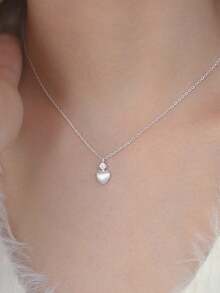 1pc Exquisite Women's Jewelry S925 Sterling Silver Niche Minimalist Same Style Necklace With Rhinestone Brushed Heart Pendant, Suitable For Daily Wear - #1 - View 8