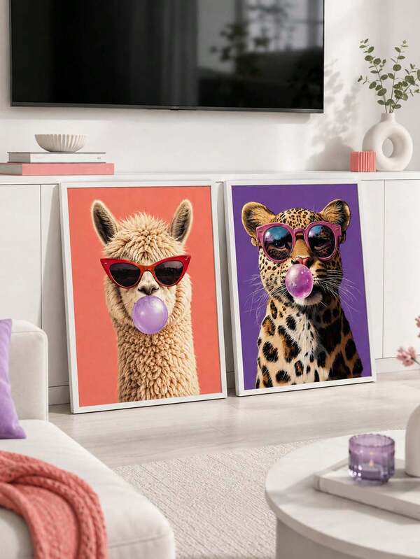 1 pieza Póster de arte pop divertido sin marco en lienzo, leopardo y alpaca geniales con gafas de moda soplando chicle, impresión de arte de pared con animales coloridos y caprichosos para decoración del hogar en dormitorio, sala de estar y oficina