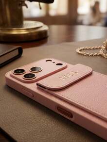 Custom Name Gold Foil Initial Litchi Texture PU Leather Wallet Phone Case, Compatible With IPhone 13 14 15 16 17 18 Pro Max Plus Air, Card Slot, Full Camera Protection, Scratch-Resistant Shockproof Protective Shell, Fashion Commute Office Travel Accessory, Unisex Personalized Gift - Pink - View 6