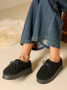 Thick Sole Suede Bowknot Decor Closed-Toe Slippers With Thermal Lining Slip-On Fuzzy Slippers Round Toe Snow Boots - Black - View 6