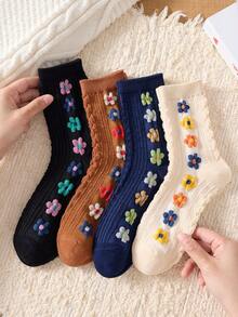 4 Pairs Elegant 3D Floral Pattern Women's Mid-Calf Socks, Non-Slip Soft Comfortable, Suitable For Autumn/Winter - Multicolor - View 4
