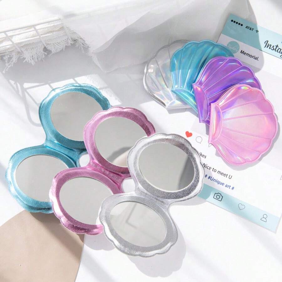 1-2pcs Cute Shell Portable Makeup Mirror, Portable Shell-Shaped Handheld Mini Makeup Mirror, Laser Glitter Mini Pocket Beauty Mirror, Lightweight Travel Mirror For Women And Girls, Mermaid Style Makeup Accessory, Suitable For Daily Touch-Ups, Outdoor Camping, Holiday Gift, Multiple Bright Colors Available For Daily Use - View 1