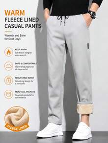 Men's Thermal Lined Thickened Casual Straight Leg Sports Pants, Drawstring Waist, Fashion For Autumn/Winter, Suitable For Daily Outdoor Wear, Gift For Friends, Gift For Husband - Light Grey - View 1