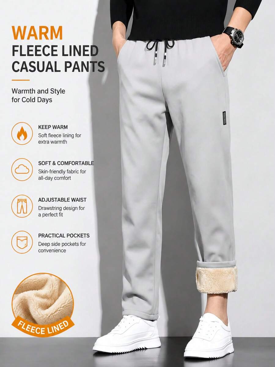 Men's Thermal Lined Thickened Casual Straight Leg Sports Pants, Drawstring Waist, Fashion For Autumn/Winter, Suitable For Daily Outdoor Wear, Gift For Friends, Gift For Husband - Light Grey - View 1