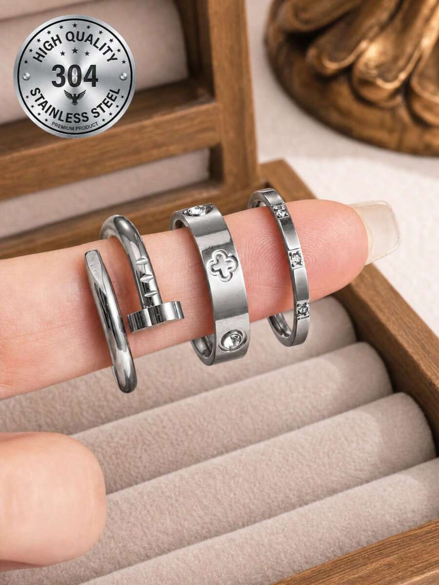 3pcs/1pc Luxury Sparkling Ring Set, Stainless Steel Jewelry Set, Multiple Sizes Available, Solves Your Size Anxiety, Waterproof, Wear-Resistant, Hypoallergenic, Suitable For Women's Daily Wear, Party, Gift, Vacation, Fashion Jewelry - Silver 5 - View 1