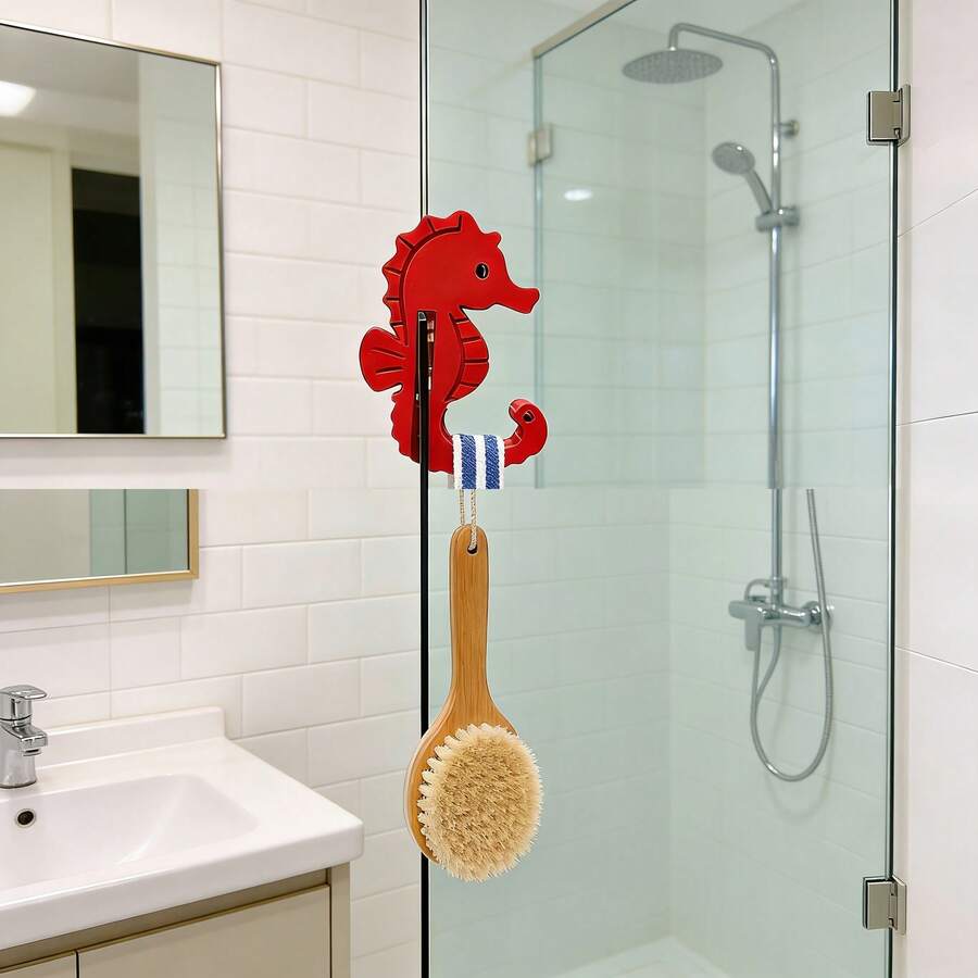 1pc Cute Seahorse Design Bathroom Hook, No-Drill Glass Door Hanging Hook, Bathroom Towel Storage Organizer