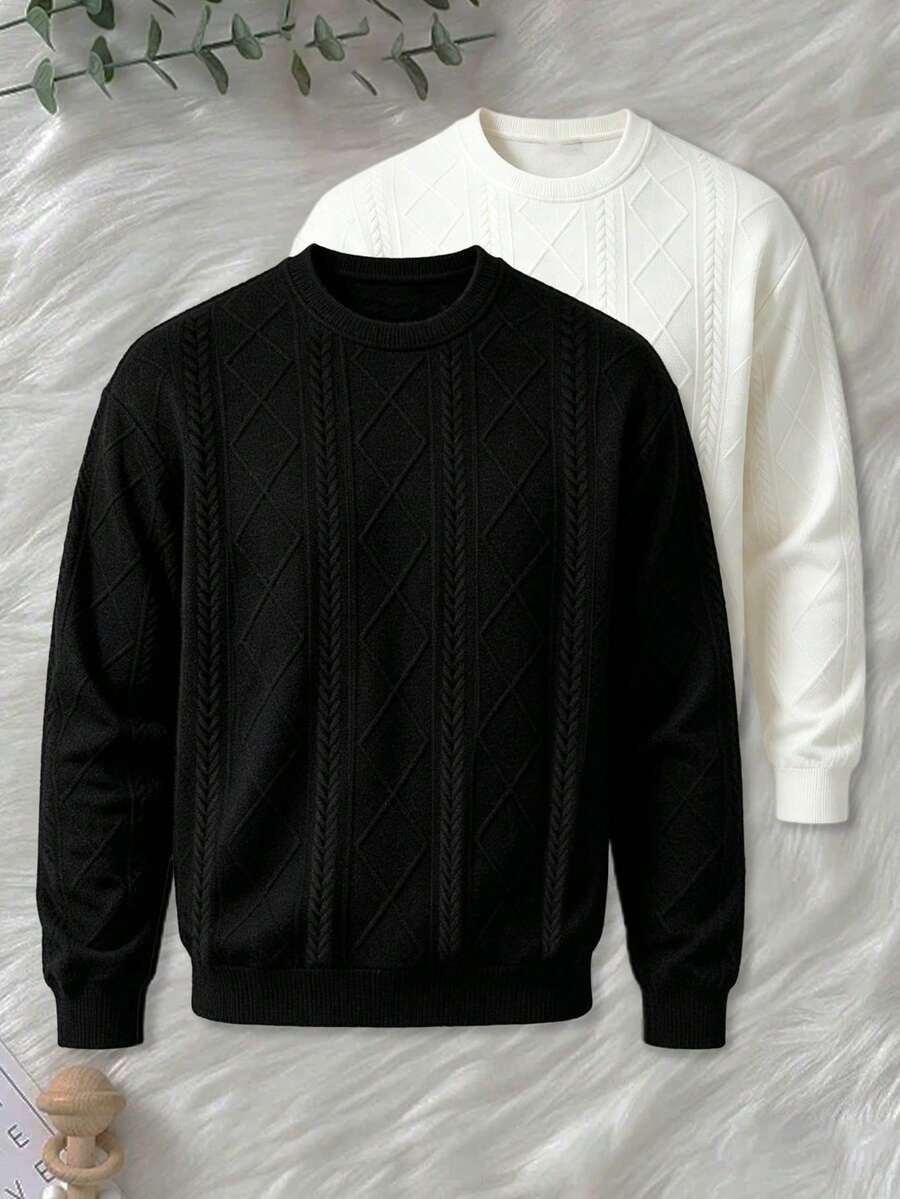 Men's Embossed Diamond Pattern Crew Neck Sweatshirt, Solid Color Versatile Casual Sports Top, Black - Black - View 1