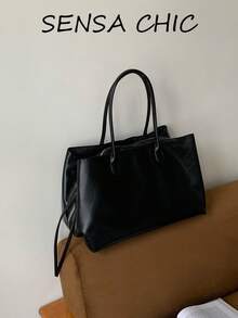 Solid Color Unadorned Oil Wax Crinkled Large Capacity Storage Zipper Closure Lazy High-End Shoulder Tote Bag Women's Daily Business Trip Commute Student Class Handbag Soft Leather Tote Bag - Black - View 9