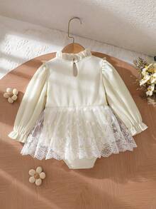 Baby Girls New Autumn/Winter Apricot 3D Cherry Lace Flutter Sleeve Mesh Dress Romper Long Sleeve Bodysuit Crawler Comfortable - Apricot - View 2