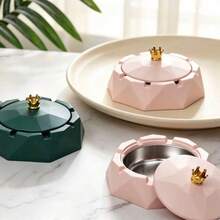 > Geometric Ashtray With Crown Lid, Titanium Alloy Liner, Windproof Smokeless Ash Tray With Cigarette Slots, Household Essential Decorative Desktop Ashtray For Home Decor, Office Living Room, Housewarming Gift - Multicolor - View 2