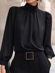 Elegant Women's High Neck Professional Long Sleeve Pullover Blouse, Solid Color Button Front Commuter Wear, Autumn/Winter Black - Black - View 2