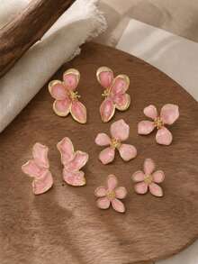 4 Pairs Pink Oil-Drip Flower Earrings Set, Gold-Rimmed Floral Stud Earrings, Women's Daily Wear - Multicolor - View 2