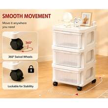 3-Tier Transparent Drawer Storage Cart With Removable Handle And 360° Swivel Wheels, 3 Colors Available, Rolling Organizer Cart With Clear Pull-Out Drawers For Bathroom, Kitchen, Bedroom, Office, Laundry Room And Home Storage - White - View 7