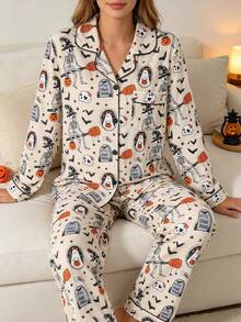 2pcs Women's Casual Long Sleeve Pajama Set, Lapel Long Sleeve Cardigan And Comfortable Pants, Ghost Skeleton Halloween Pattern, Suitable For All Seasons, Halloween Holiday Party Pajama Set - Apricot - View 3