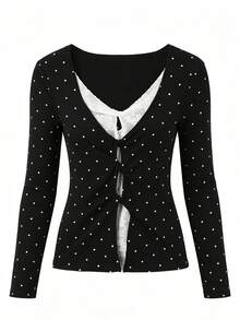 Kaos Lengan Panjang Leher Persegi 2-in-1 Motif Polkadot Kuning Bahan Sutra, Atasan Slim Fit Gaya Korea, Cocok untuk Awal Musim Gugur - Hitam - View 10