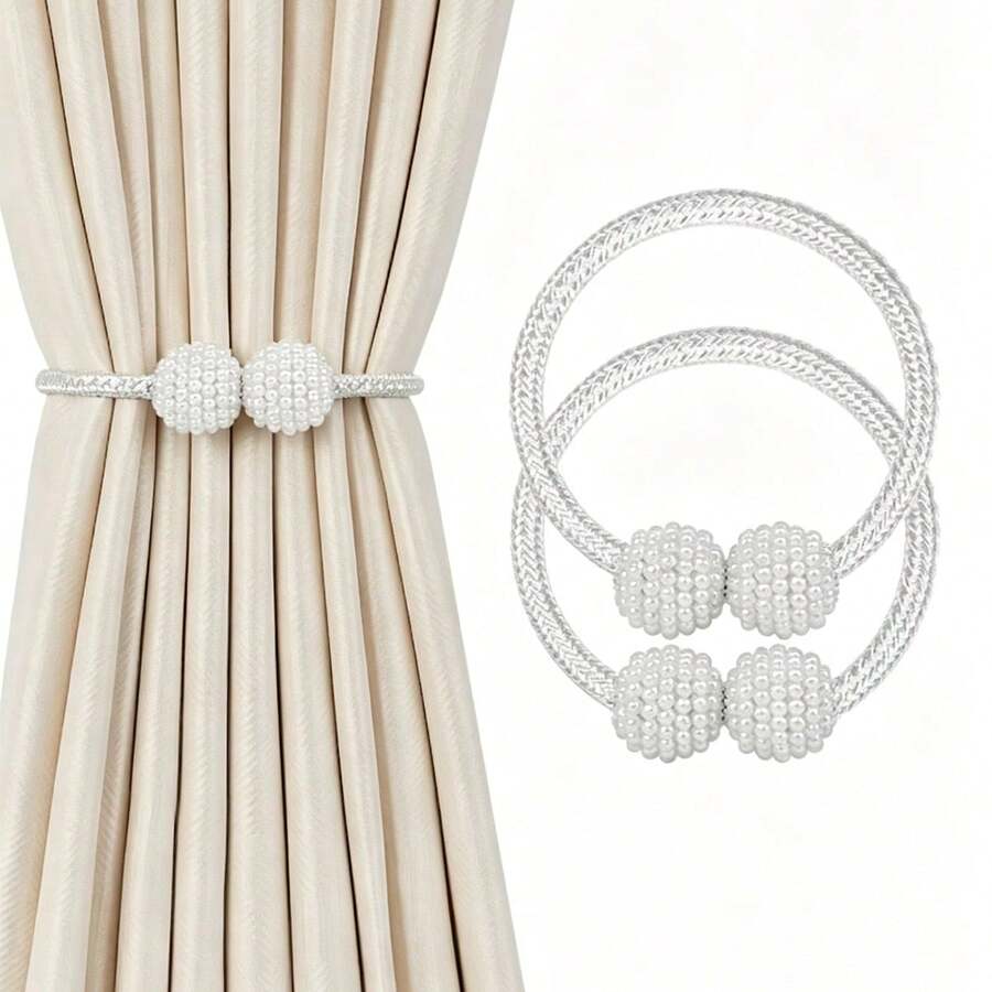 2pcs Magnetic Curtain Tiebacks, Polyester Rope Material, Modern Style, Suitable For Home Office Decor, Birthday Graduation Gift Choice - Curtain Tieback Pair, Curtain Tie Rope, Curtain Buckle, Curtain Ring, Curtain Tie, Bed Curtain Storage Rope, Magnetic Pearl, No Drilling, Bundling - one-size - View 1