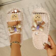 Cute Bear Bow Double Strap Plush Slippers For Women, Autumn/Winter Open Toe Non-Slip Indoor Cotton Slippers - Khaki - View 5