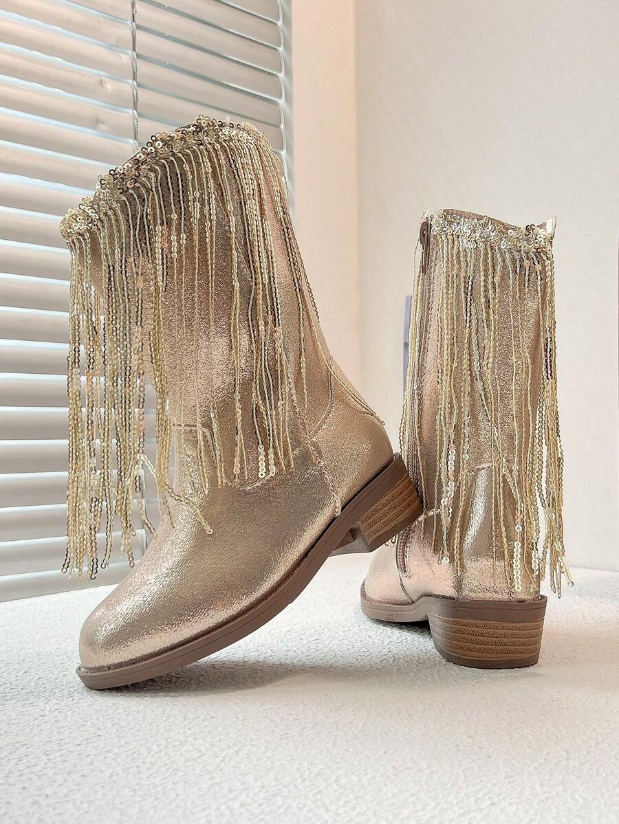 Girls' Gold Metallic Beaded Tassel Denim Boots, Shiny Side Zipper Party Shoes - Gold - View 1