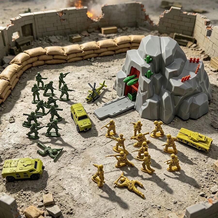 Military Theme Kids Cave Launch Base Toy Set With 24 Soldier Figures, 4 Types Of Armored Combat Vehicles: Tank, Fighter Jet, Armored Vehicle, Troop Carrier, Immersive Battlefield Scene Simulation Toy - Green - View 1