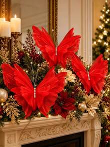 3pcs/Set Large Hanging Christmas Red Butterfly Decorations, 3D Laser Artificial Silk Realistic Butterflies, Suitable For Christmas Tree Decor, Christmas Fireplace Decor, Wedding, Birthday, Home And Living Room - Butterfly - View 3